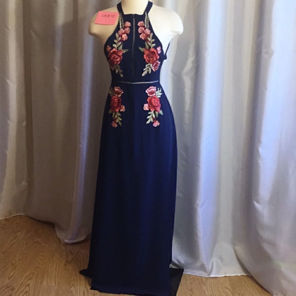 NWOT front wrap style dress in navy with colorful applications of roses